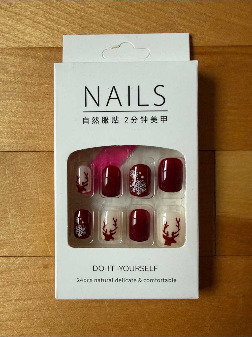 Deep Red Press-On Nails with Snowflake & Reindeer Accents